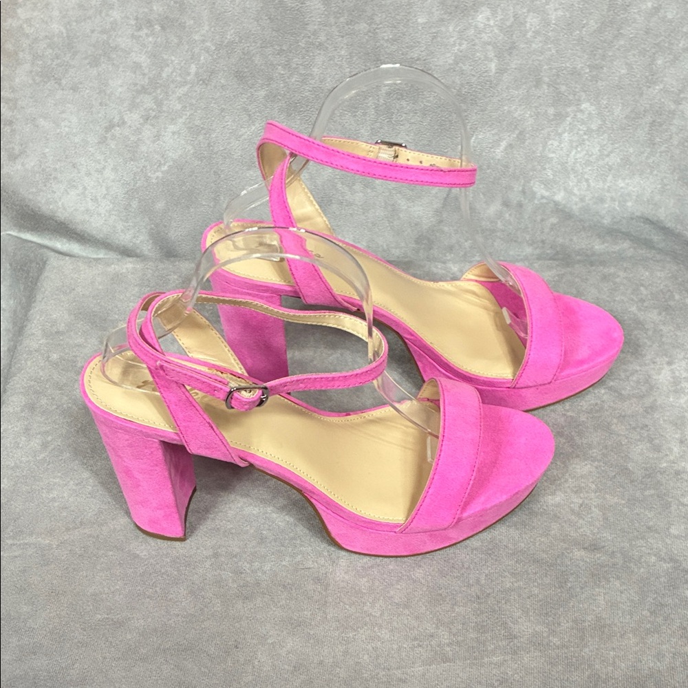 Ankis Hot Pink Suede Block Heel Ankle-Strap Sandals - Picture 3 of 7